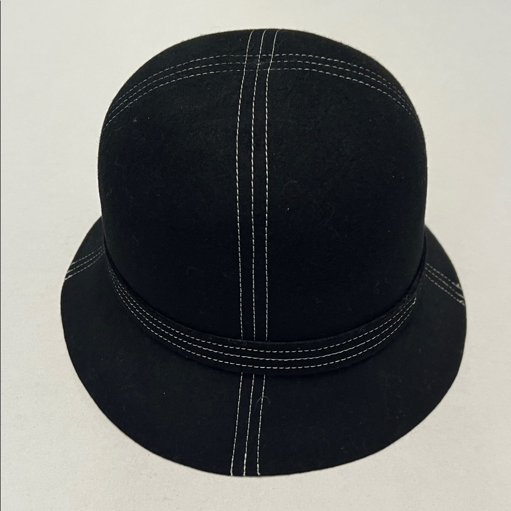 NORDSTROM BLACK WOOL WHITE STITCHING BOW FRONT CLOCHE WOMENS HAT - Picture 4 of 12